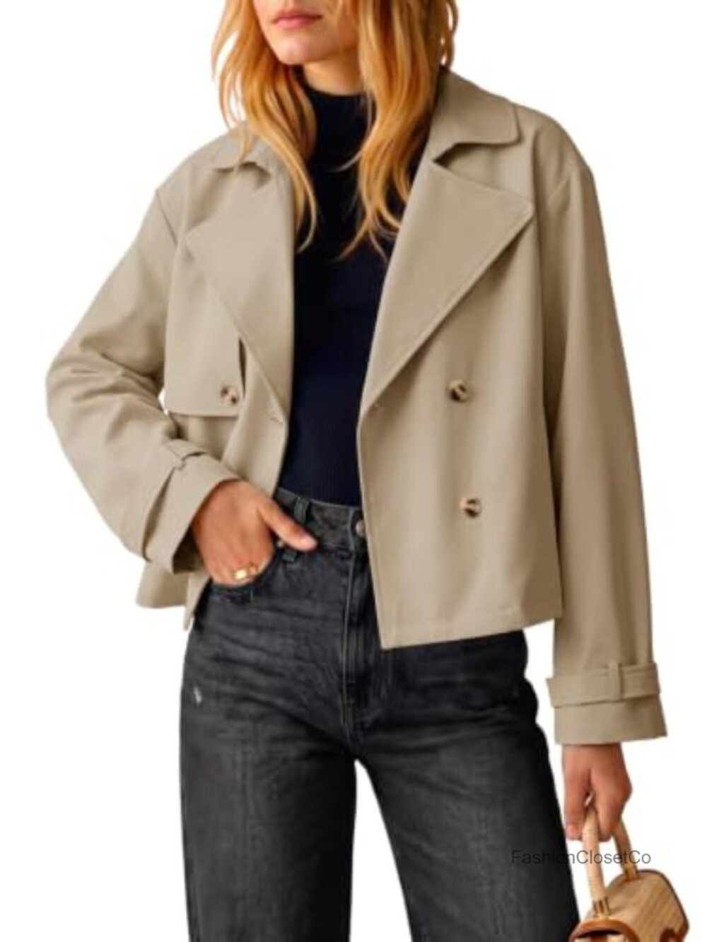 Women's Cropped Double Breasted Trench Coat Short Jacket Lapel Long Sleeve